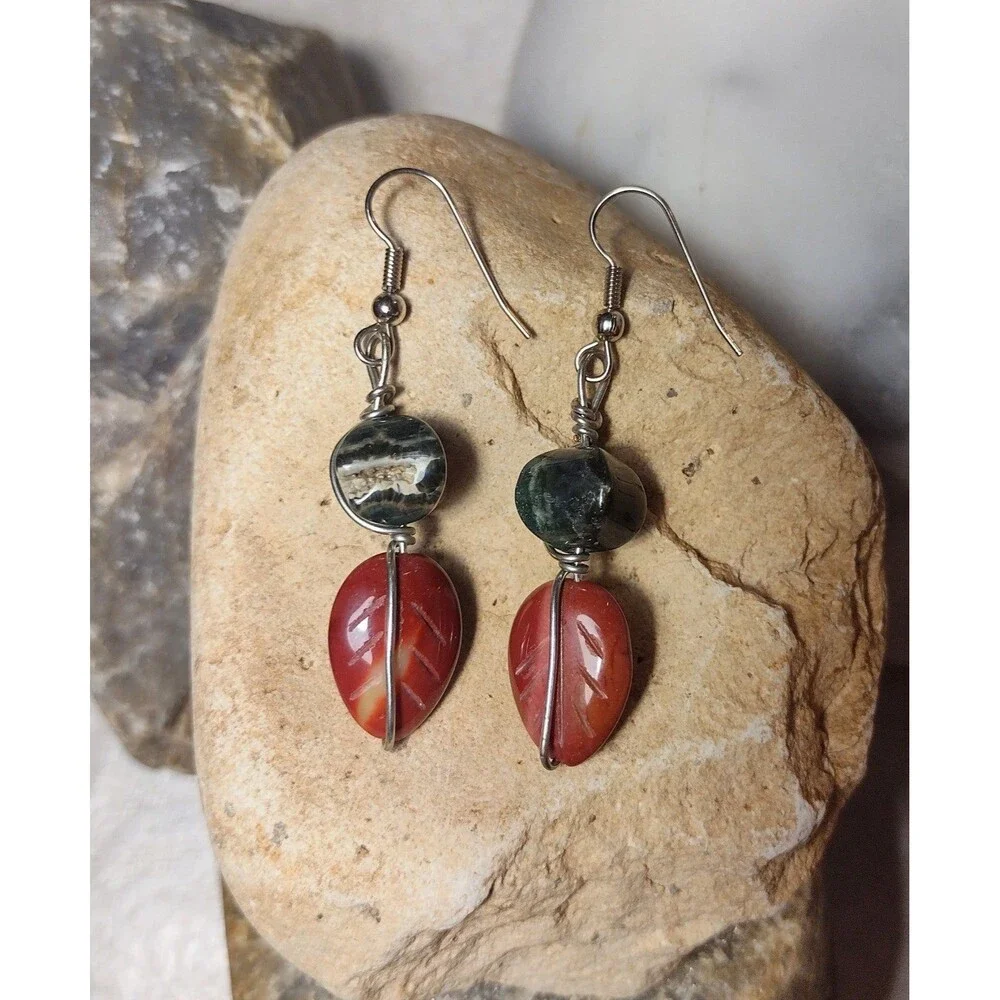 Carved Jasper Leaf Stone Geode Dangle Earrings